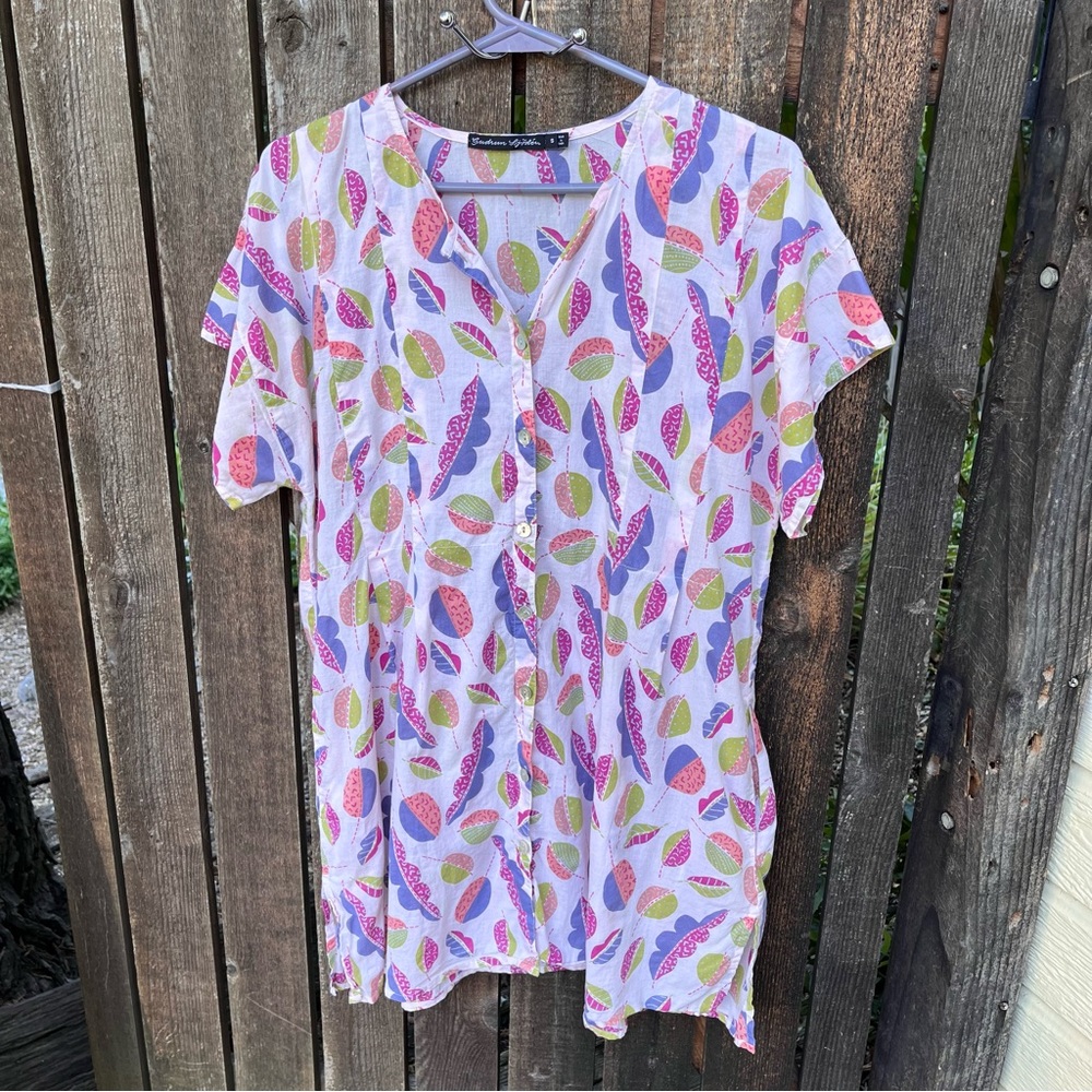 Gudrun Sjoden Light Pink Cotton Leaf Print Button Down Tunic Top Sz S